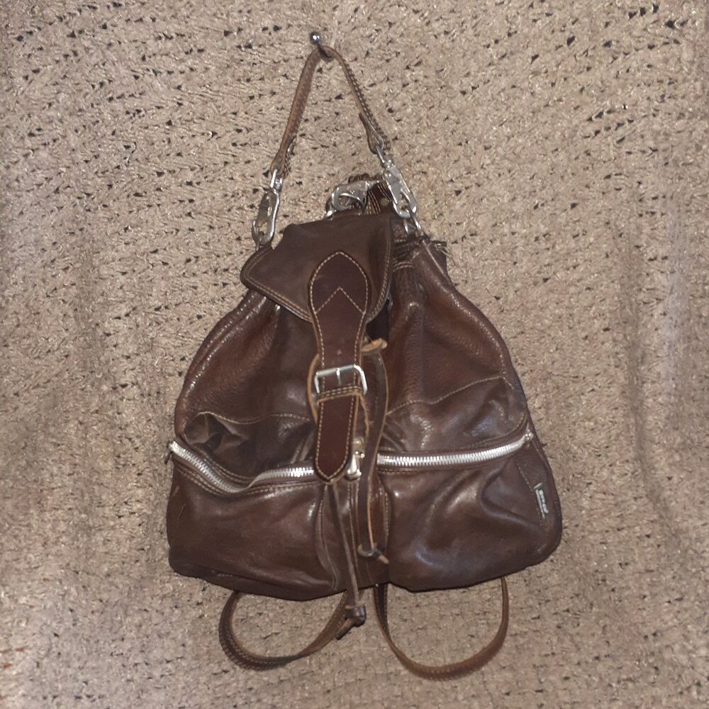 RUGBY CANADA-90's Heavy Brown Pebbled Leather-Backpack/Handbag-Excellent
